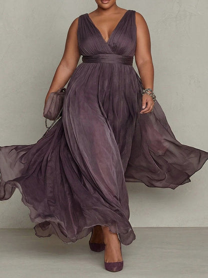 Chiffon Puff Sleeve Lace Trim Maxi Dress