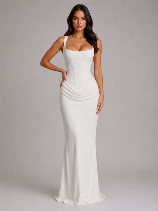 Corset Draped Square Neck Maxi Dress