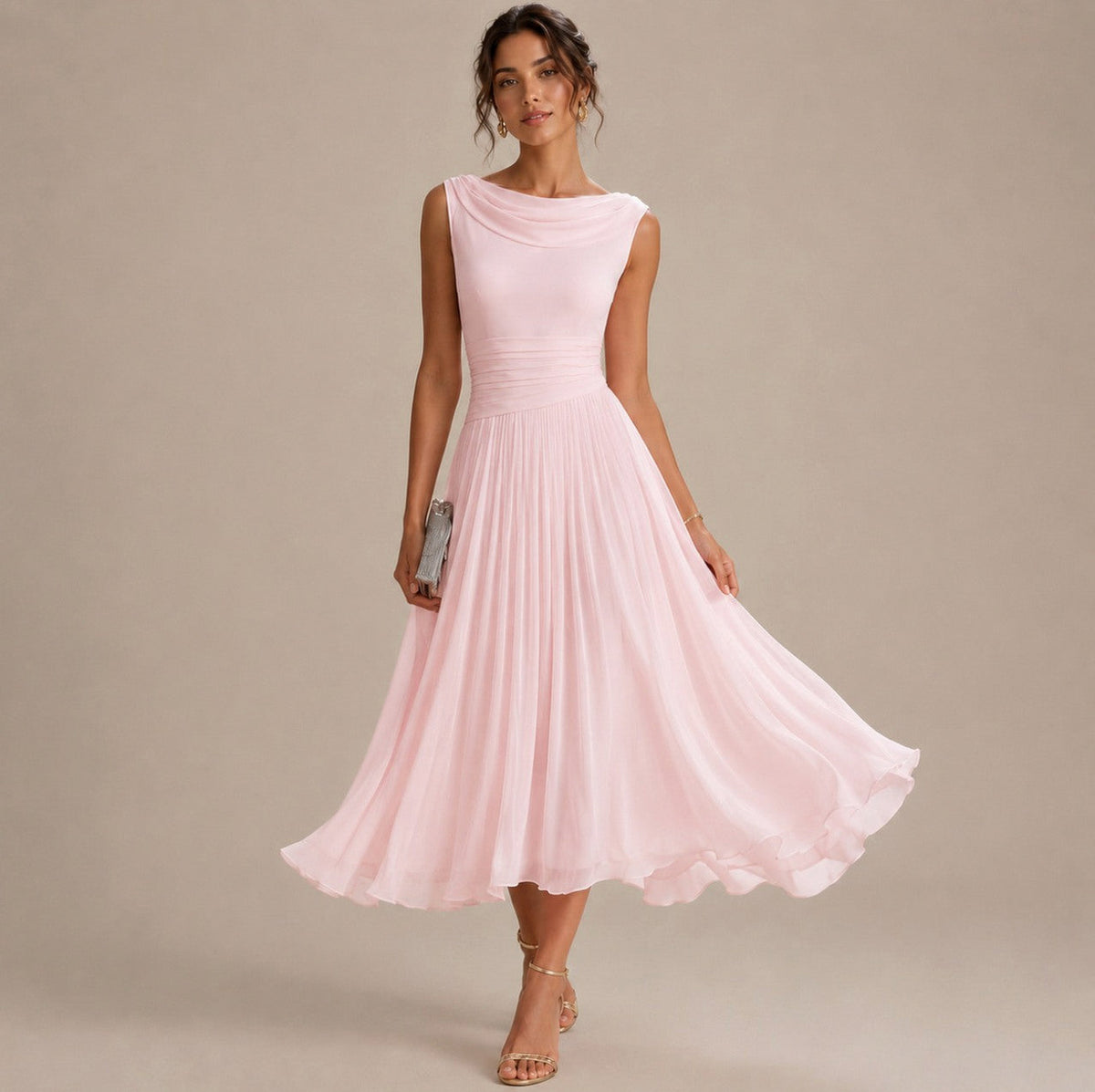 Cowl Neck Pleated Midi Dress