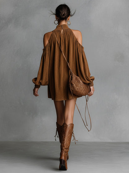 Draped Suede Cold-Shoulder Mini Dress