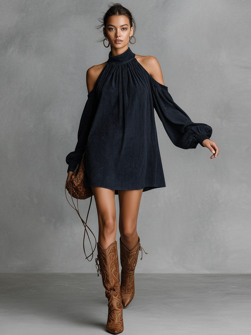Draped Suede Cold-Shoulder Mini Dress