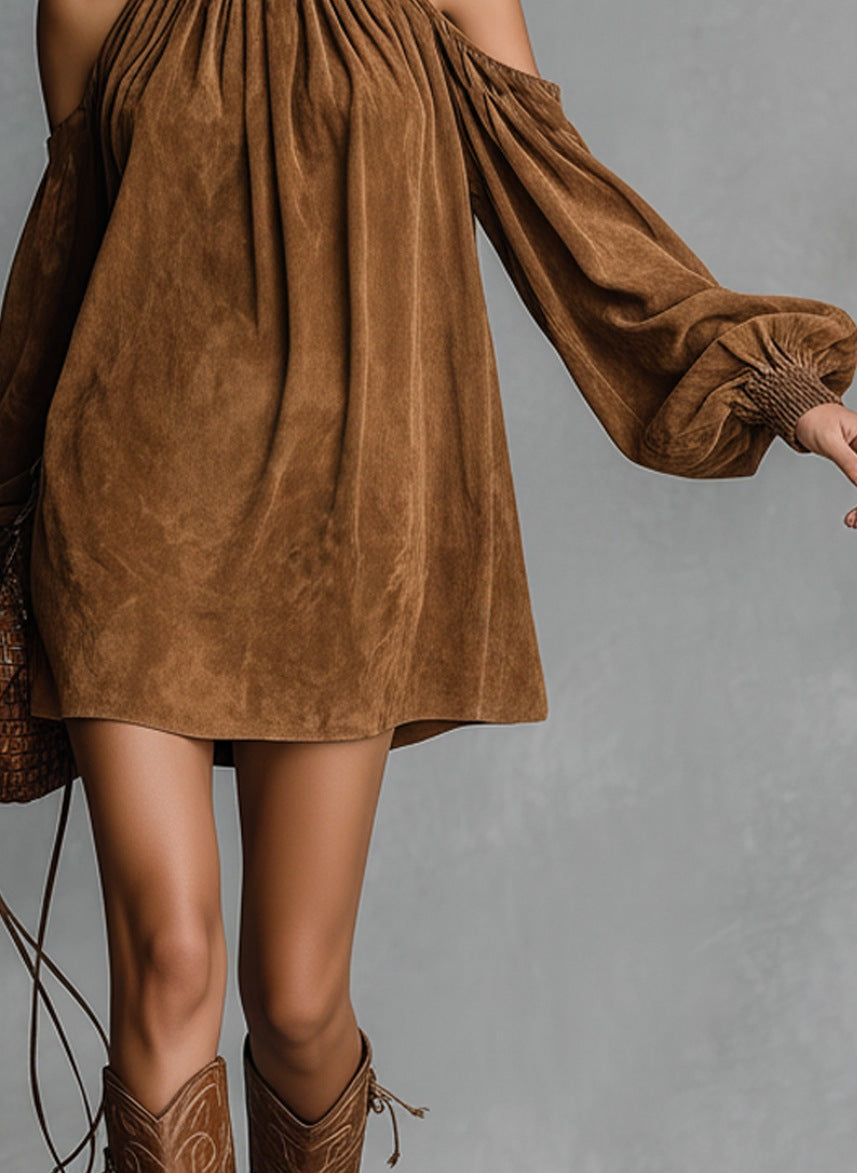 Draped Suede Cold-Shoulder Mini Dress