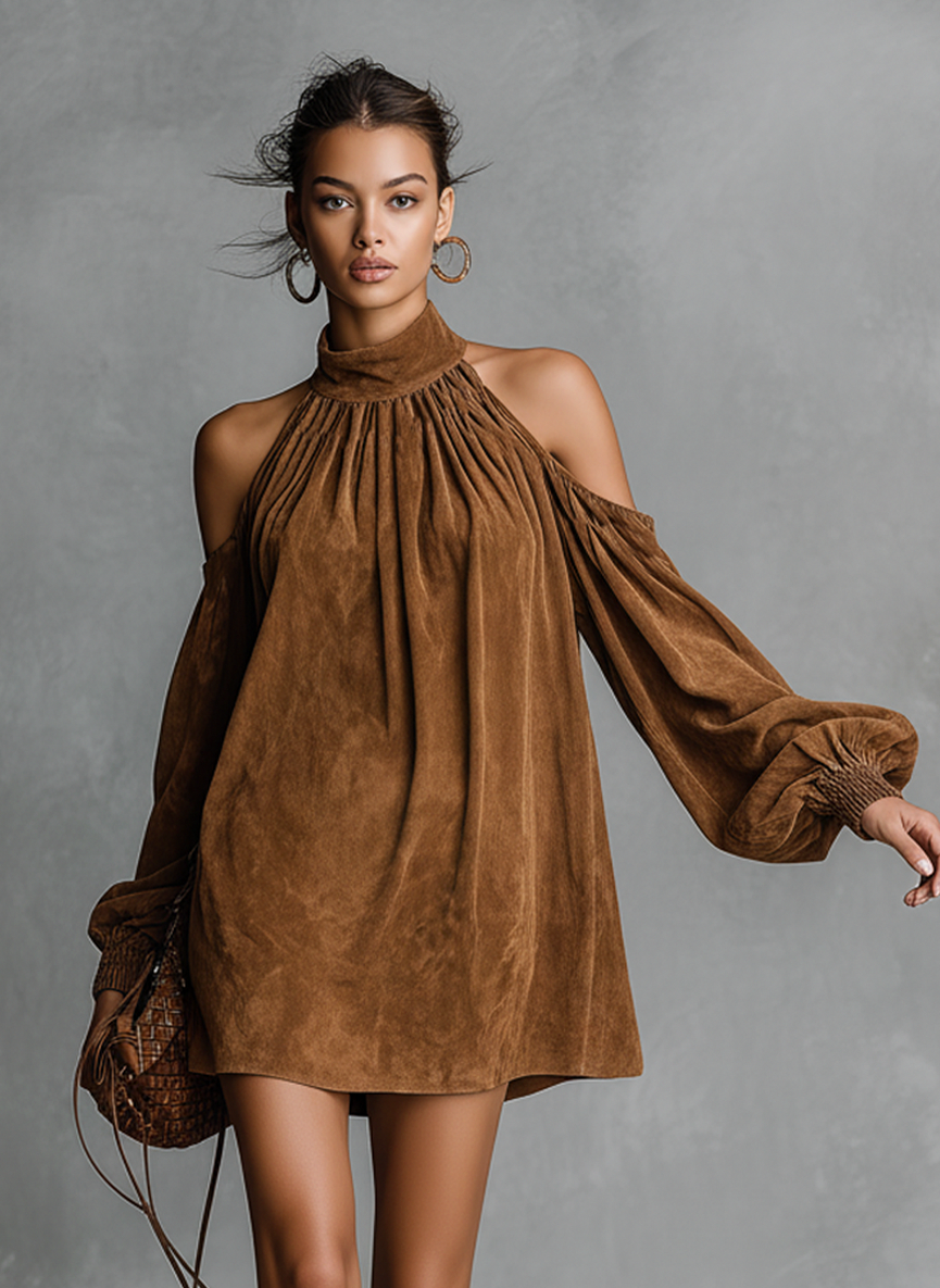 Draped Suede Cold-Shoulder Mini Dress