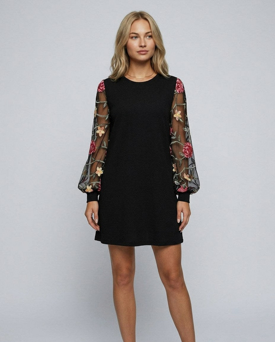 Embroidered Long Sleeve A-Line Mini Dress