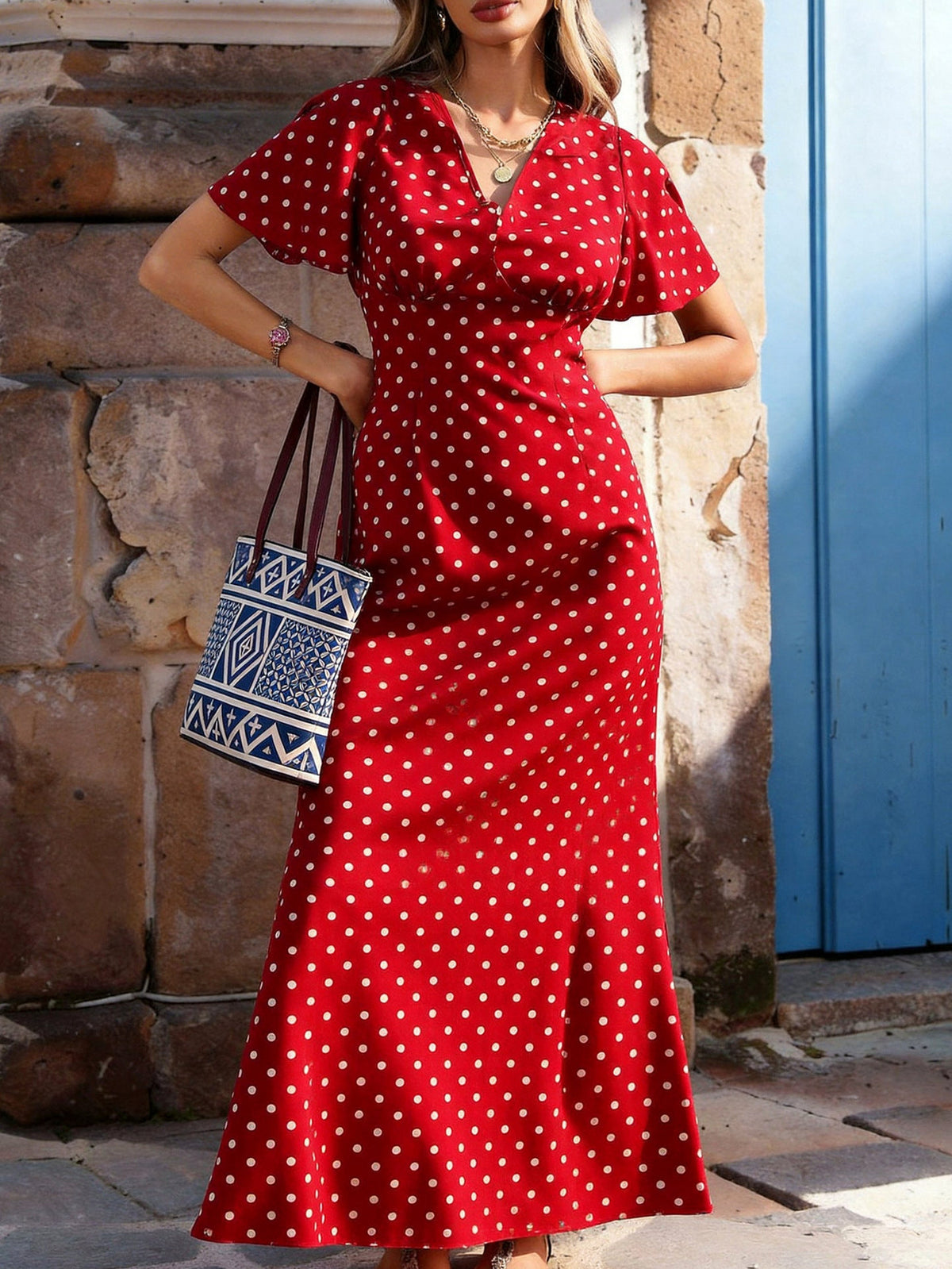 Polka-Dot V-Neck Maxi Dress