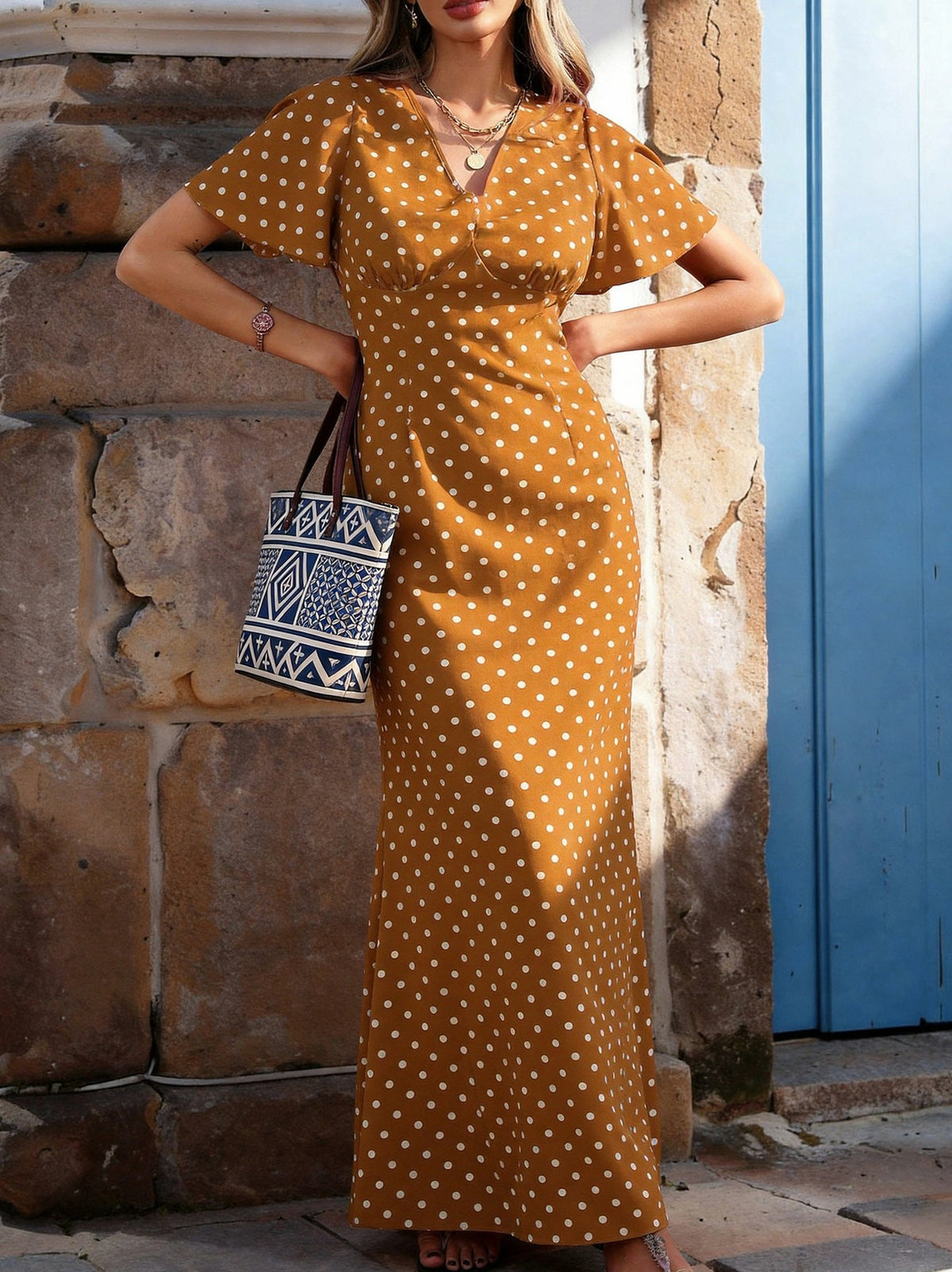 Polka-Dot V-Neck Maxi Dress