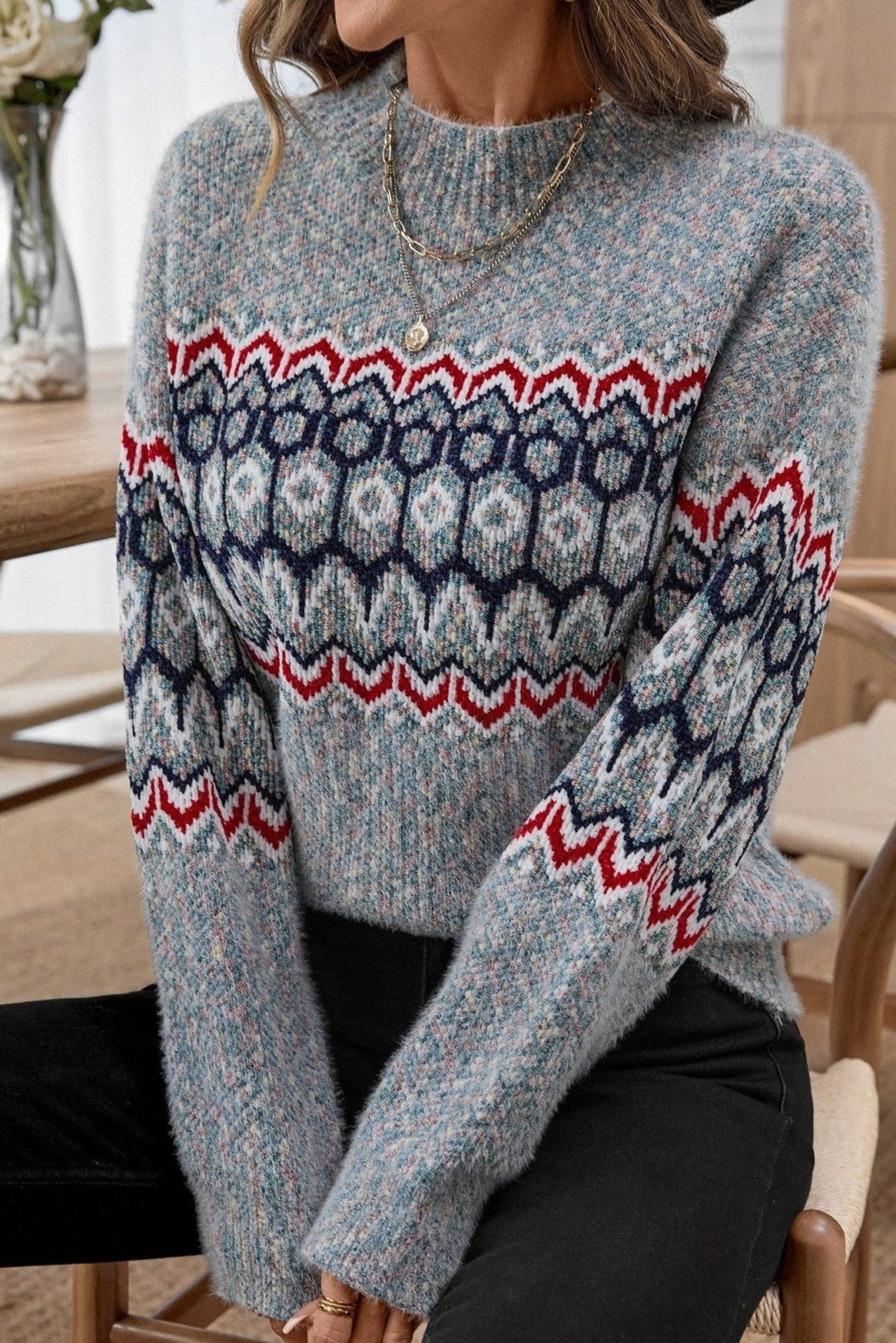 Fair Isle Mock Neck Knit Sweater