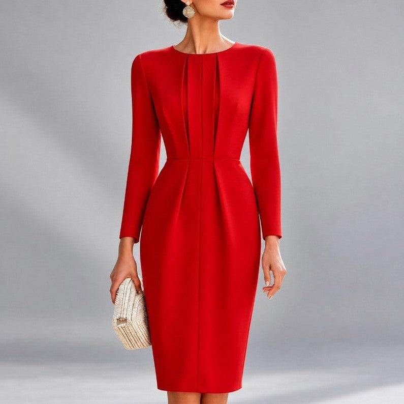 Fitted Pleated Long Sleeve Midi Dress