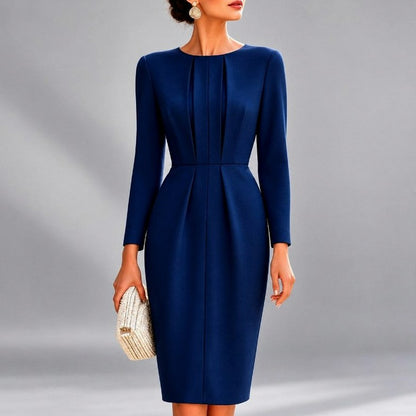Fitted Pleated Long Sleeve Midi Dress