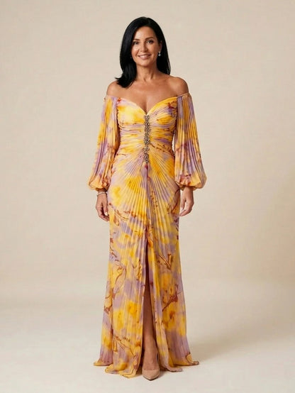 Floral Long Sleeve Off Shoulder Pleated Maxi Dress