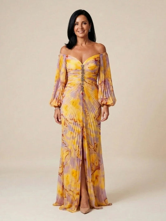 Floral Long Sleeve Off Shoulder Pleated Maxi Dress