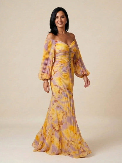 Floral Long Sleeve Off Shoulder Pleated Maxi Dress