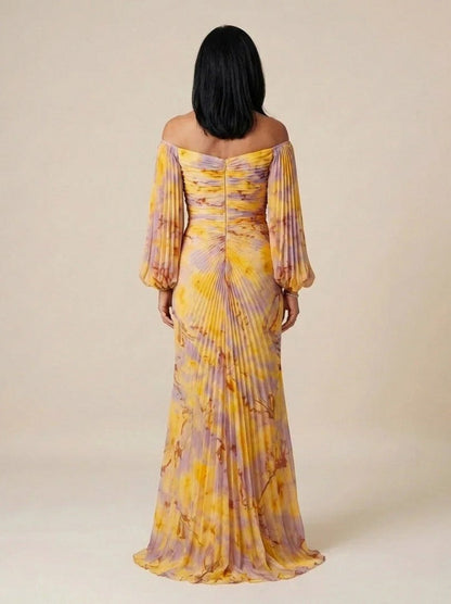 Floral Long Sleeve Off Shoulder Pleated Maxi Dress