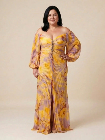 Floral Long Sleeve Off Shoulder Pleated Maxi Dress