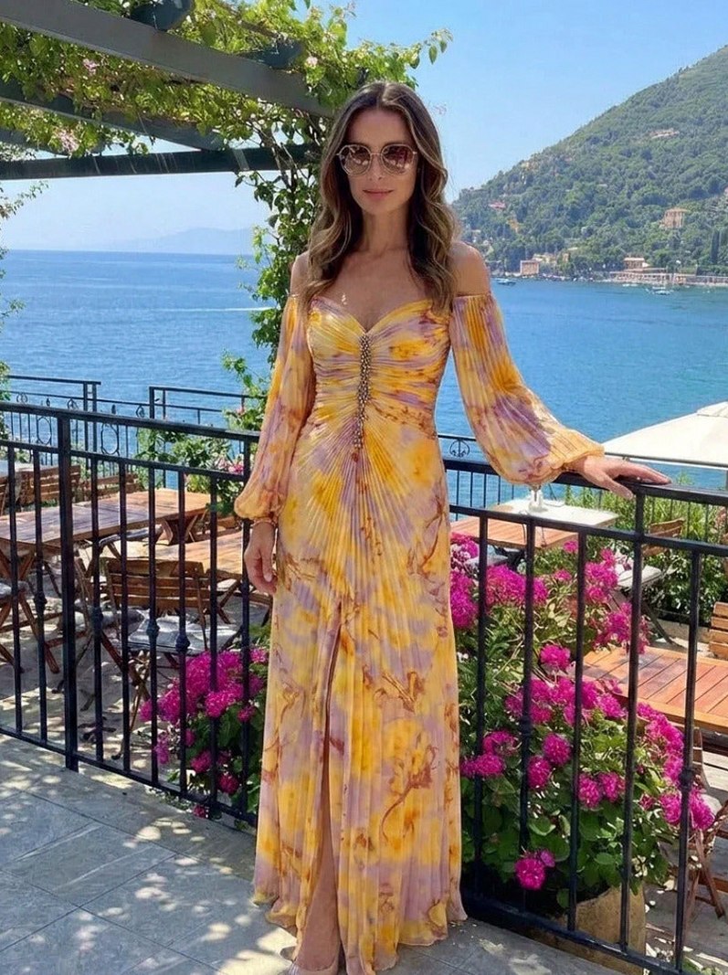 Floral Long Sleeve Off Shoulder Pleated Maxi Dress