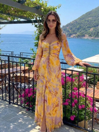 Floral Long Sleeve Off Shoulder Pleated Maxi Dress