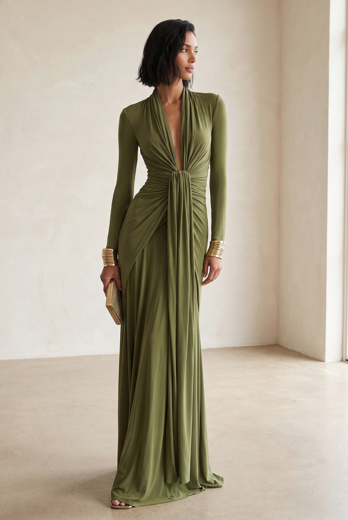 Jersey Draped Plunge Long Sleeve Maxi Dress