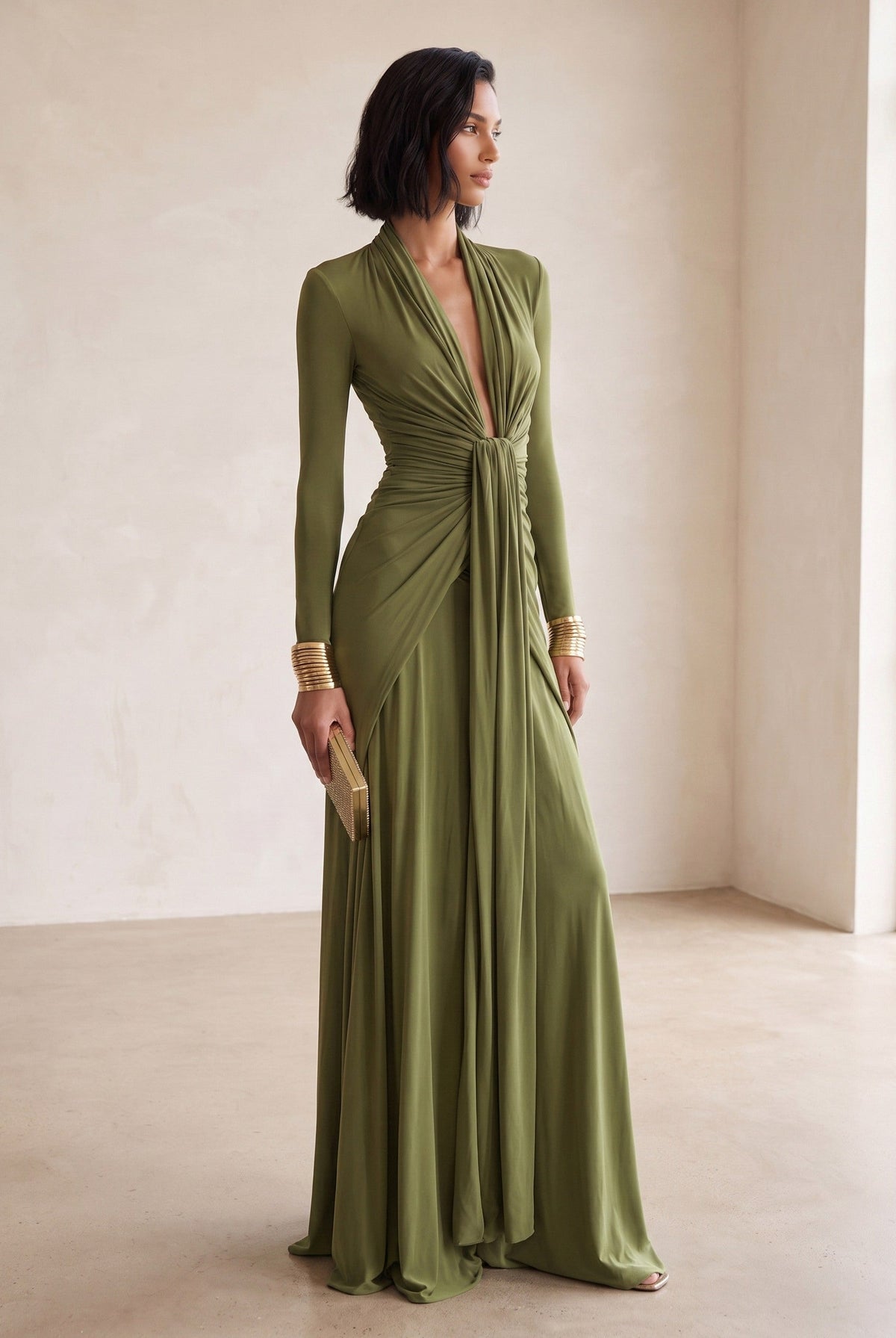 Jersey Draped Plunge Long Sleeve Maxi Dress