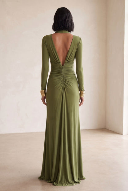 Jersey Draped Plunge Long Sleeve Maxi Dress