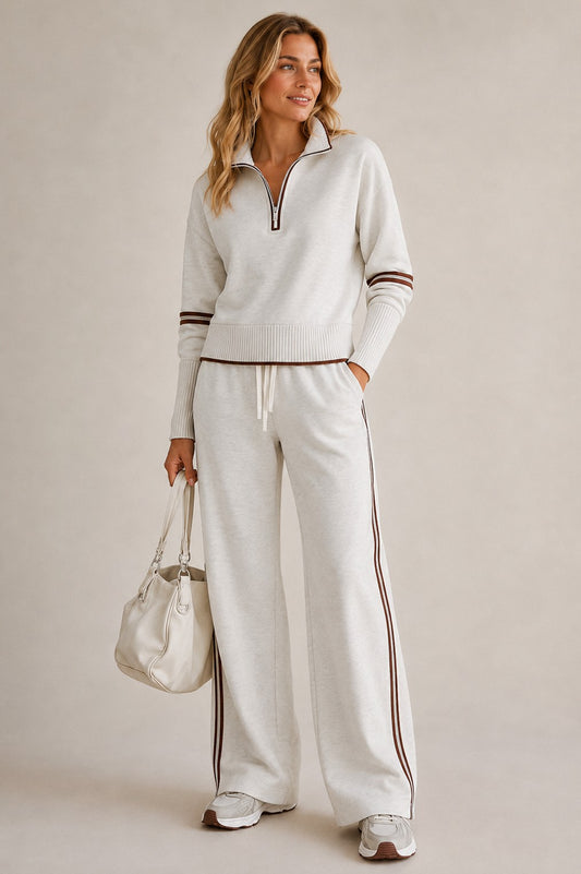 Knitted Two-Piece Set with Quarter-Zip Jumper and Wide-Leg Trousers