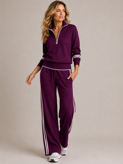 Knitted Two-Piece Set with Quarter-Zip Jumper and Wide-Leg Trousers