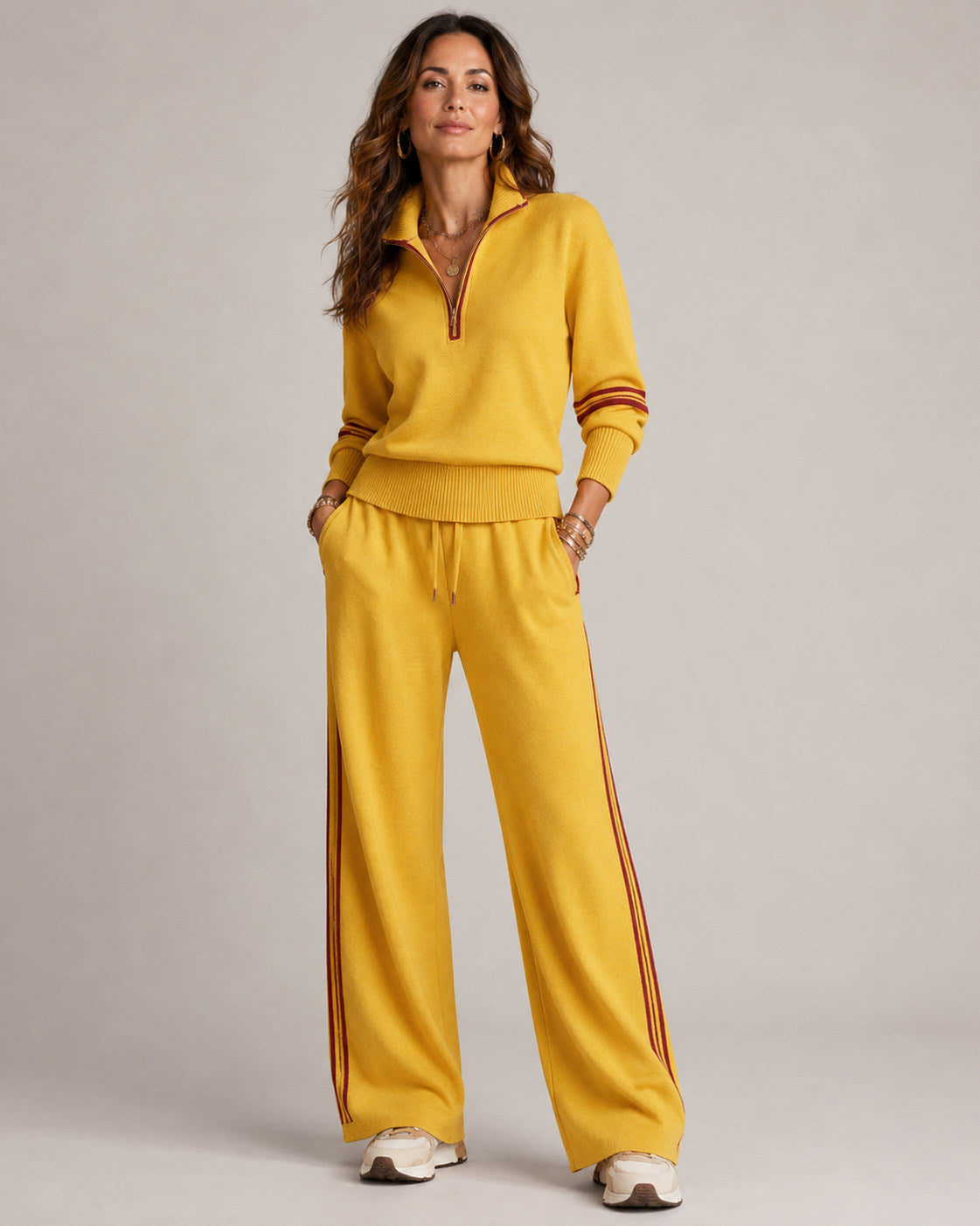 Knitted Two-Piece Set with Quarter-Zip Jumper and Wide-Leg Trousers