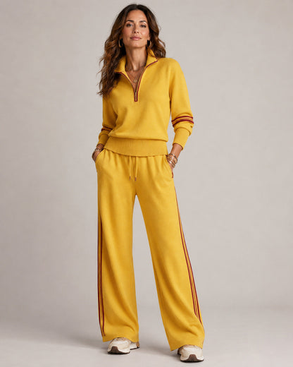 Knitted Two-Piece Set with Quarter-Zip Jumper and Wide-Leg Trousers