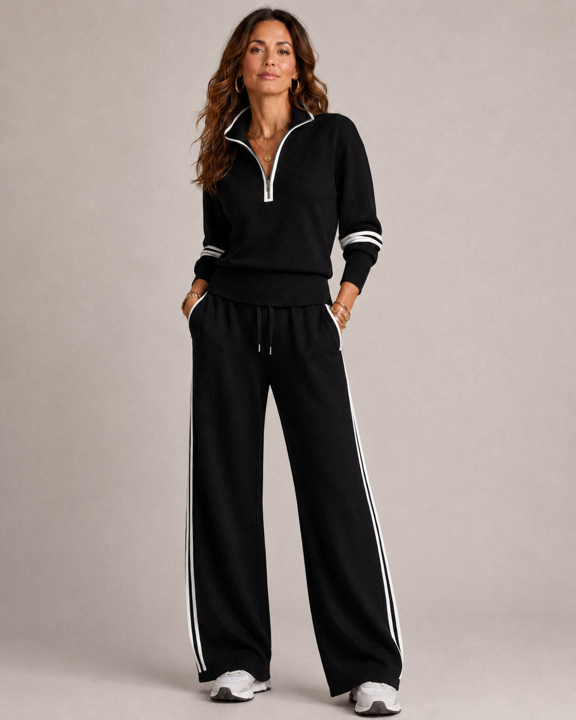 Knitted Two-Piece Set with Quarter-Zip Jumper and Wide-Leg Trousers
