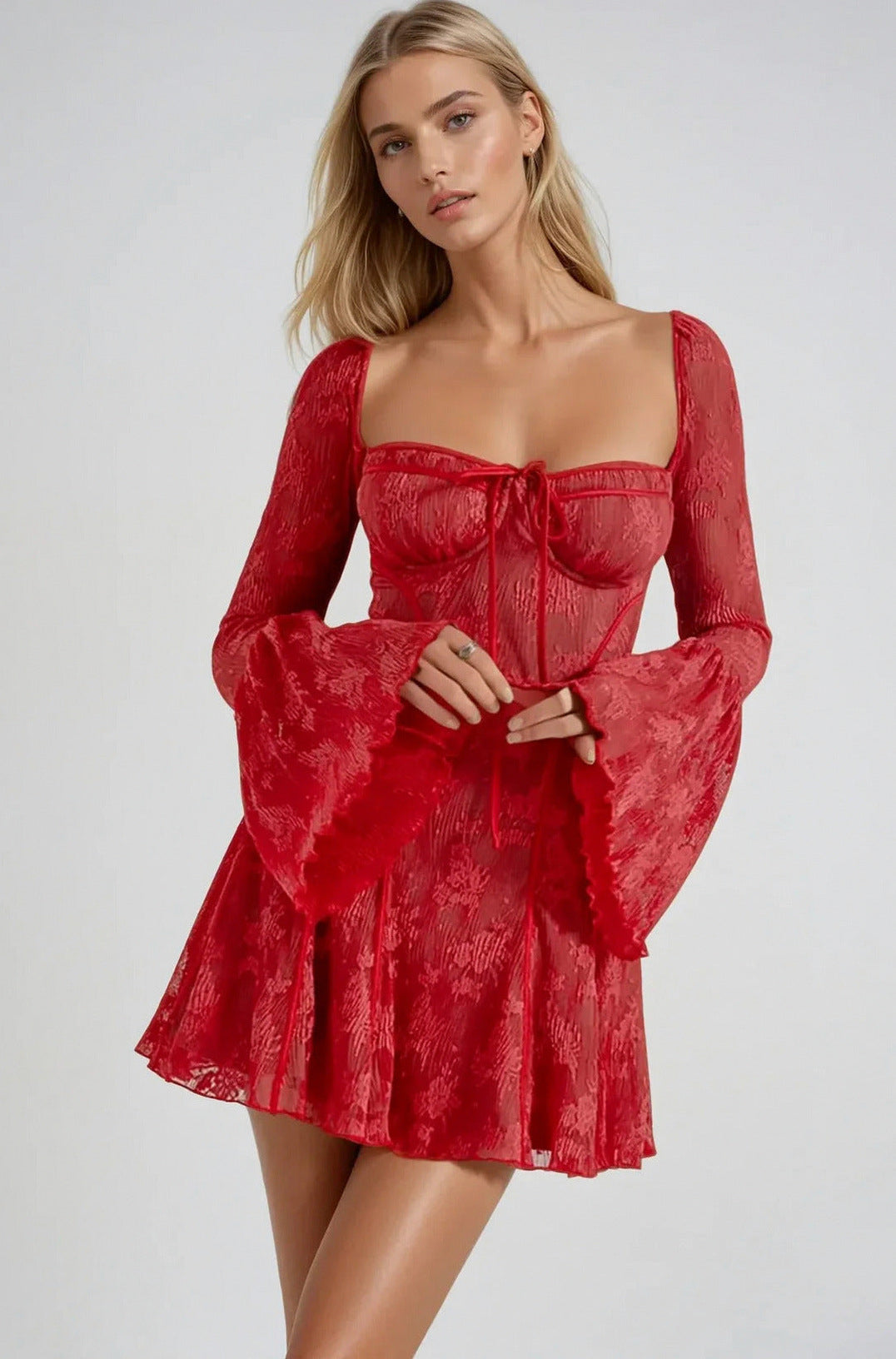 Lace Corset Flare Sleeve Mini Dress