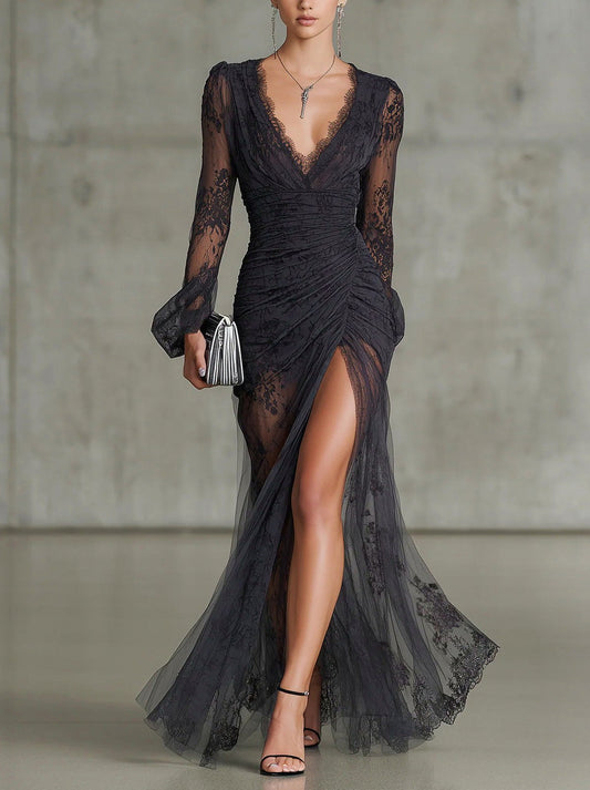 Lace Ruched Split Maxi Dress