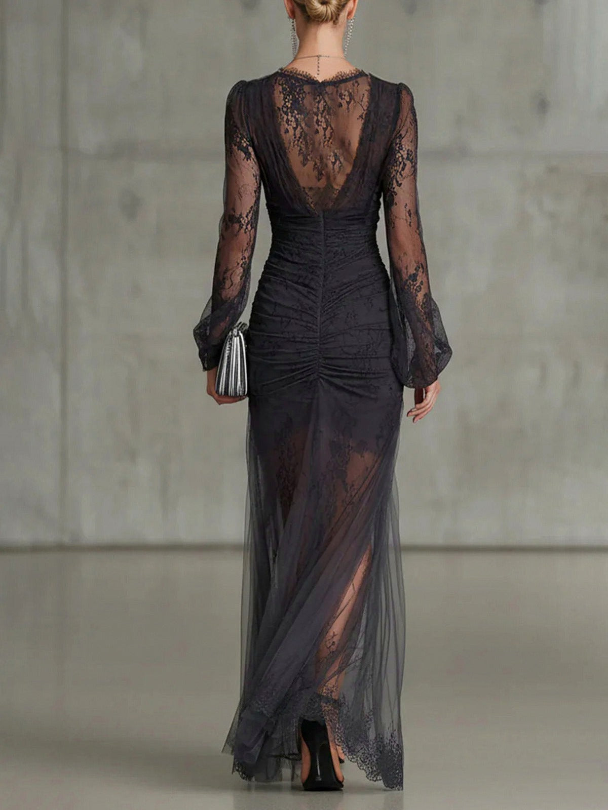 Lace Ruched Split Maxi Dress
