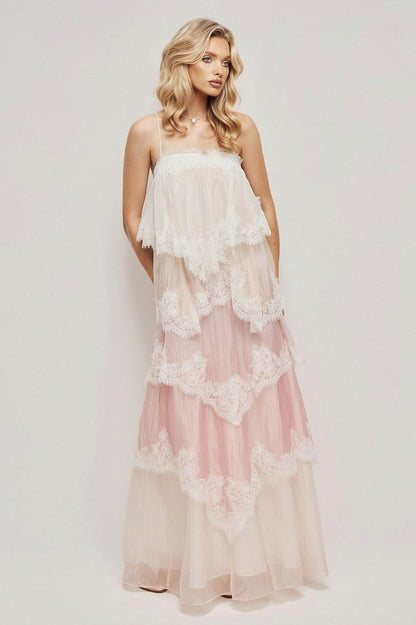 Lace Trim Tiered Maxi Dress