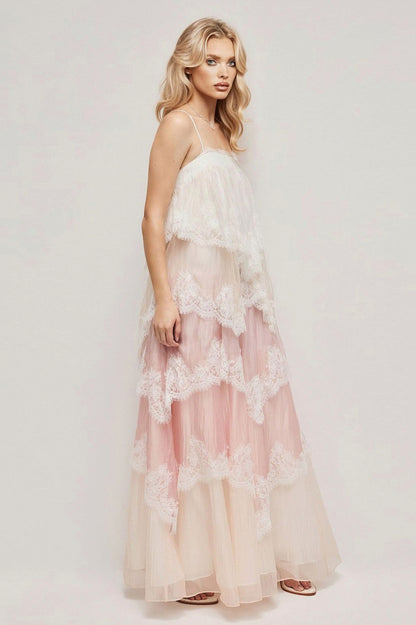 Lace Trim Tiered Maxi Dress