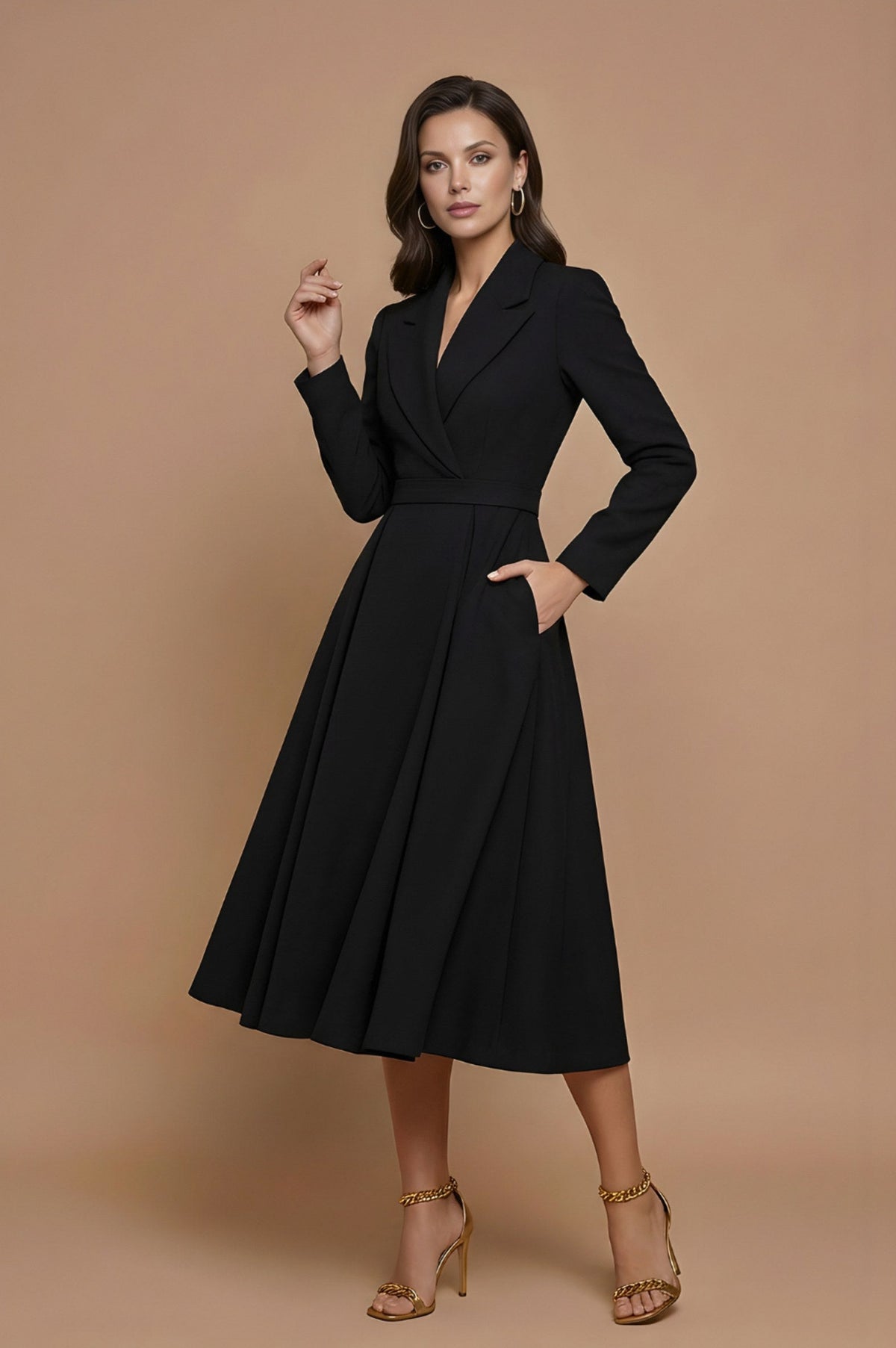 Lapel Collar Long Sleeve Midi Blazer Dress
