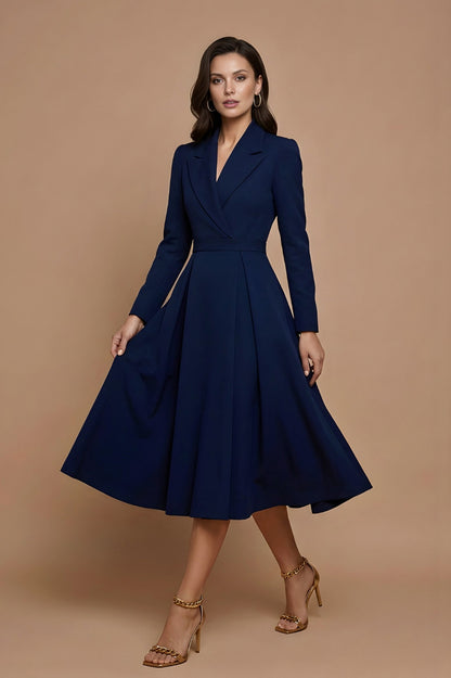 Lapel Collar Long Sleeve Midi Blazer Dress