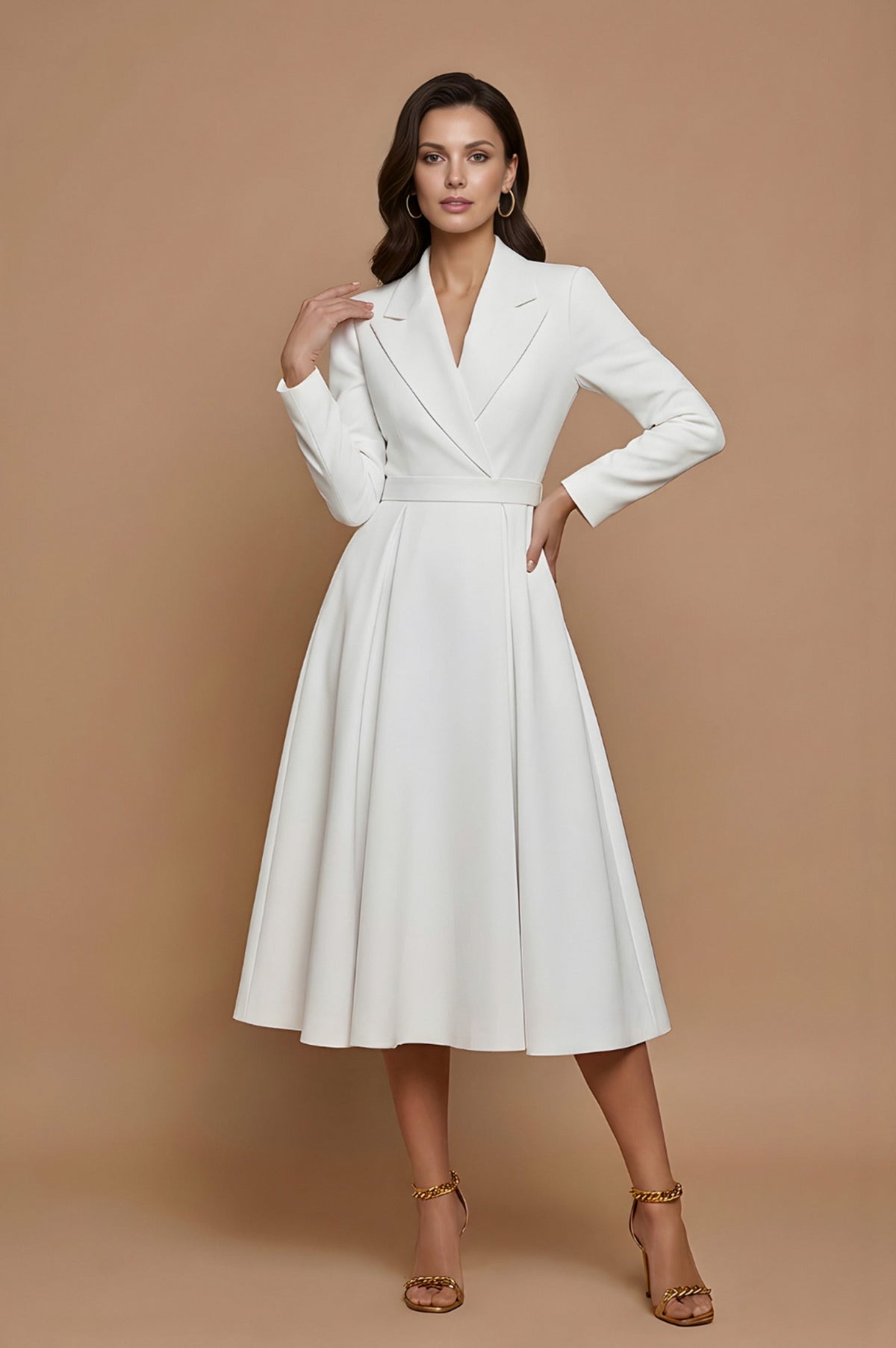 Lapel Collar Long Sleeve Midi Blazer Dress