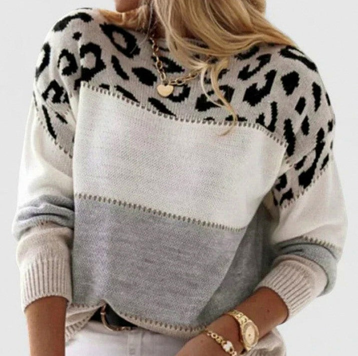 Leopard Print Crewneck Knit Sweater