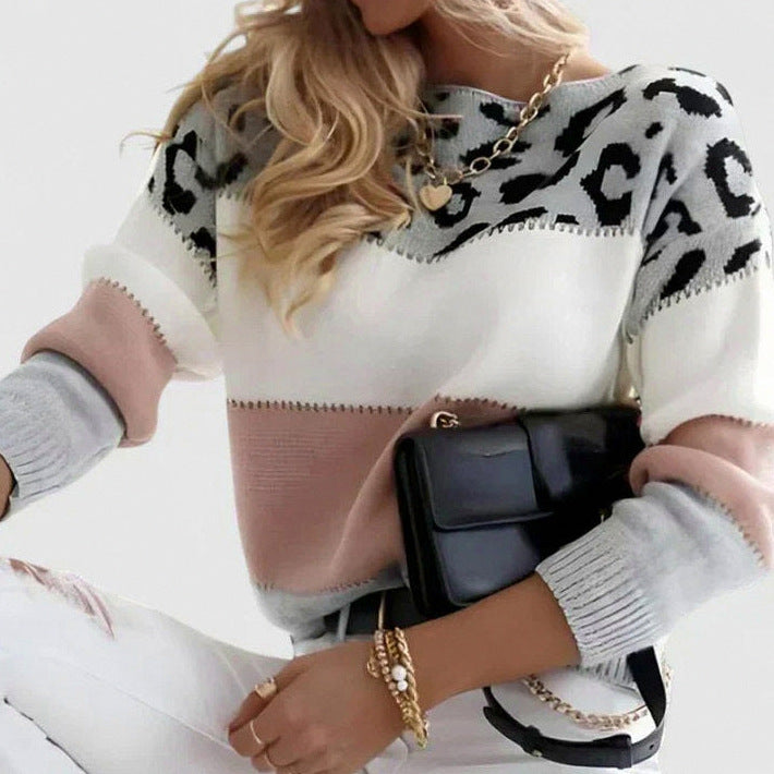 Leopard Print Crewneck Knit Sweater