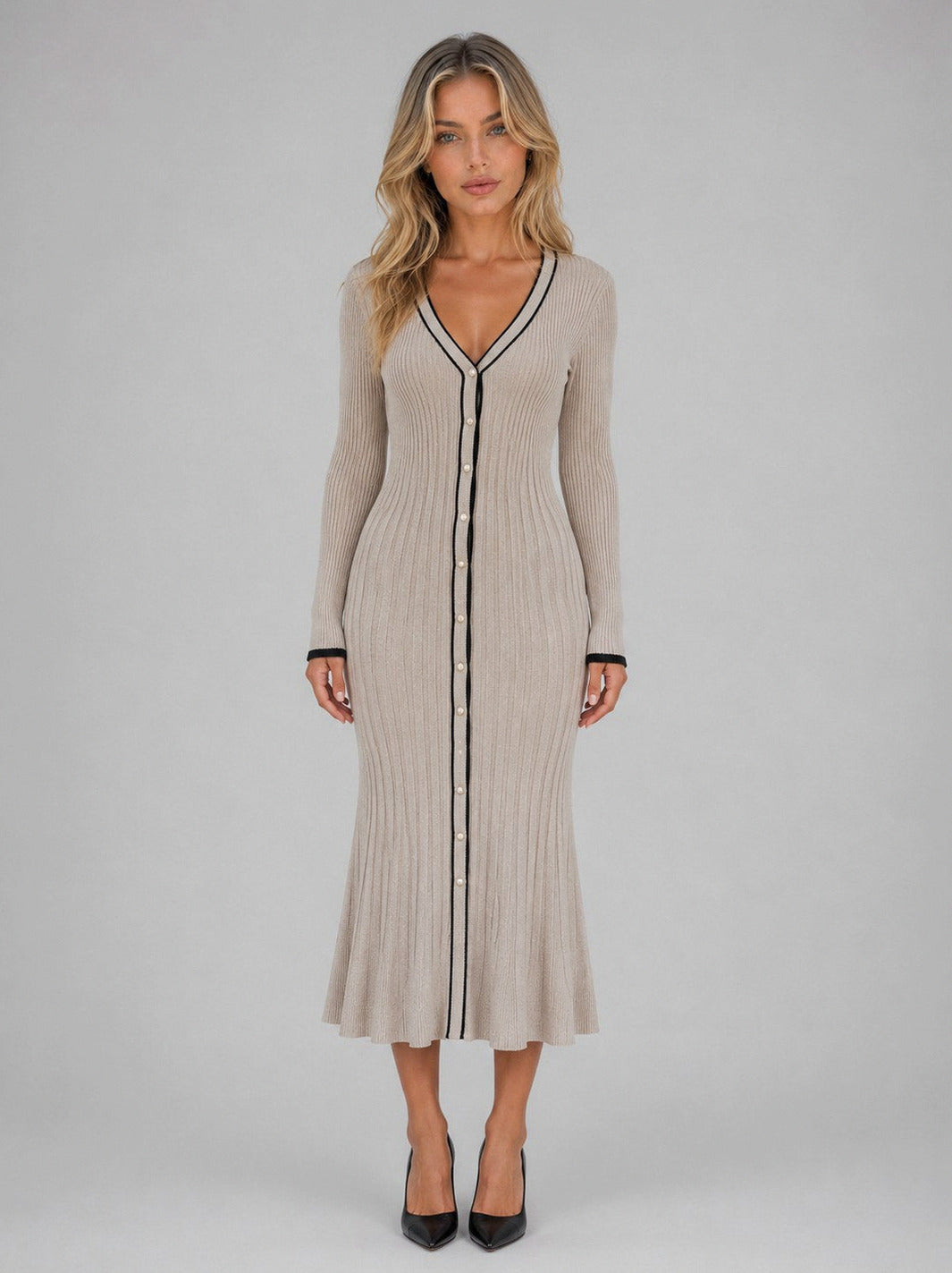 Long Sleeve Ribbed Contrast Trim Midi Dress