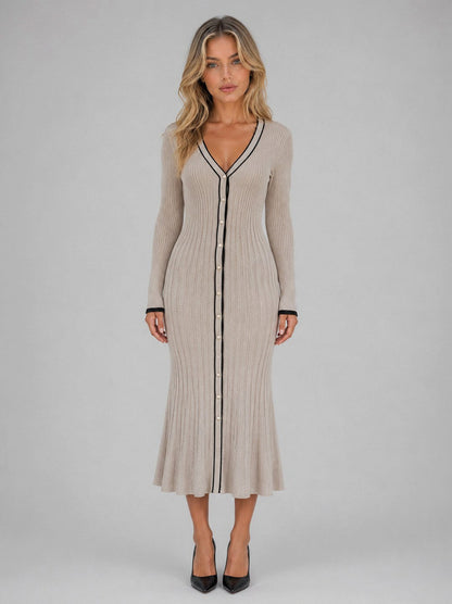 Long Sleeve Ribbed Contrast Trim Midi Dress