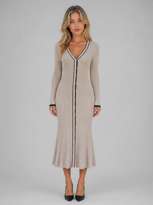 Long Sleeve Ribbed Contrast Trim Midi Dress