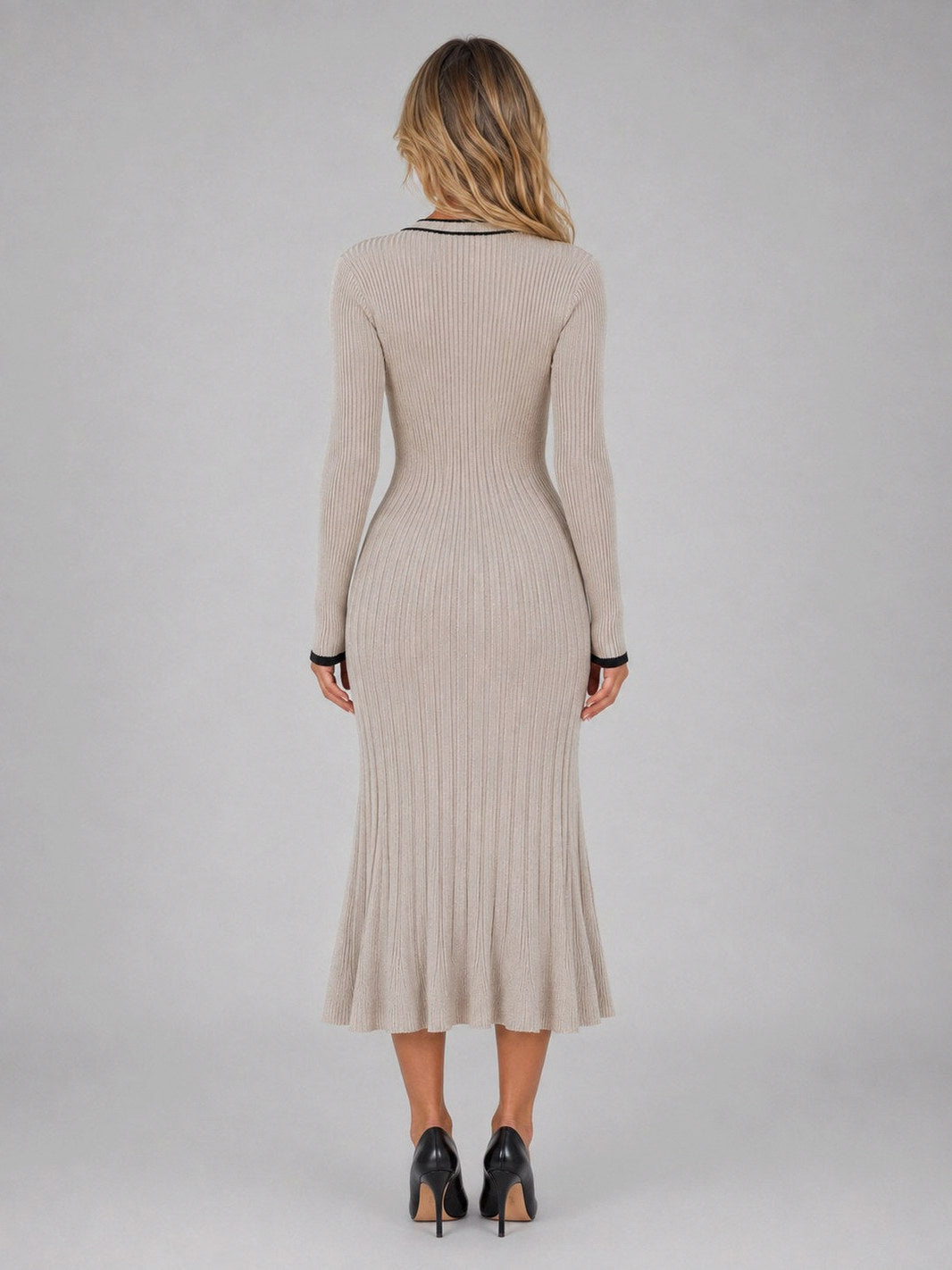 Long Sleeve Ribbed Contrast Trim Midi Dress