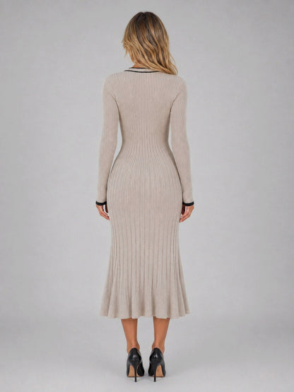Long Sleeve Ribbed Contrast Trim Midi Dress