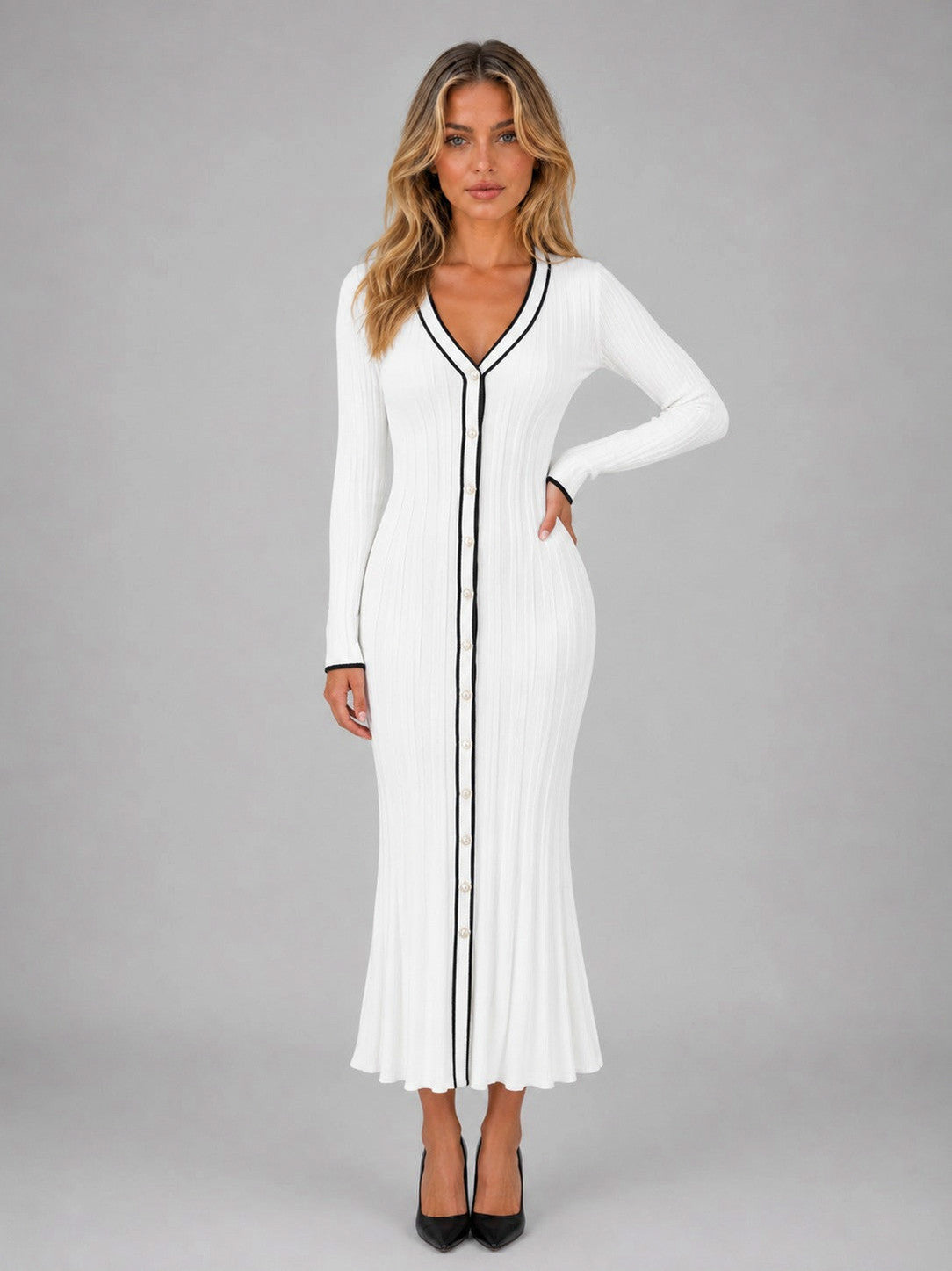Long Sleeve Ribbed Contrast Trim Midi Dress