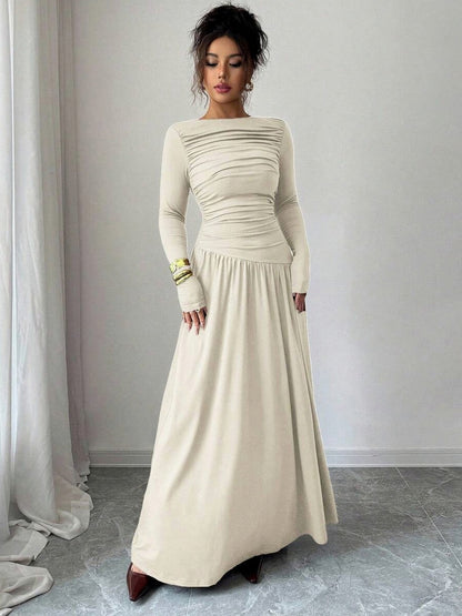 Long Sleeve Ruched Drop Waist Maxi Dress