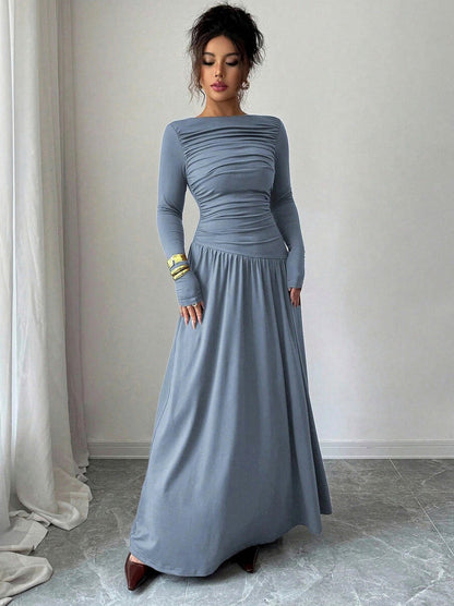 Long Sleeve Ruched Drop Waist Maxi Dress