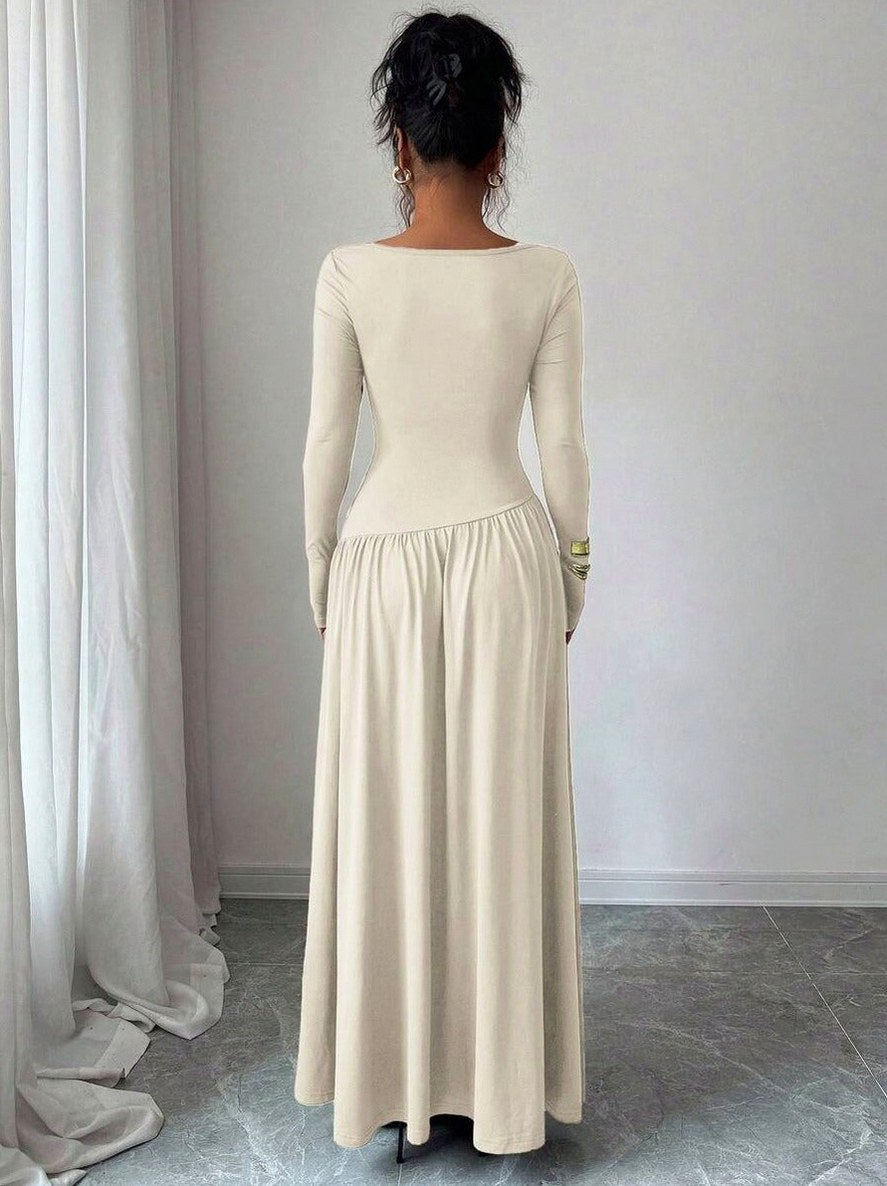 Long Sleeve Ruched Drop Waist Maxi Dress
