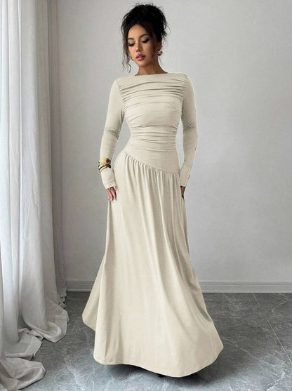 Long Sleeve Ruched Drop Waist Maxi Dress