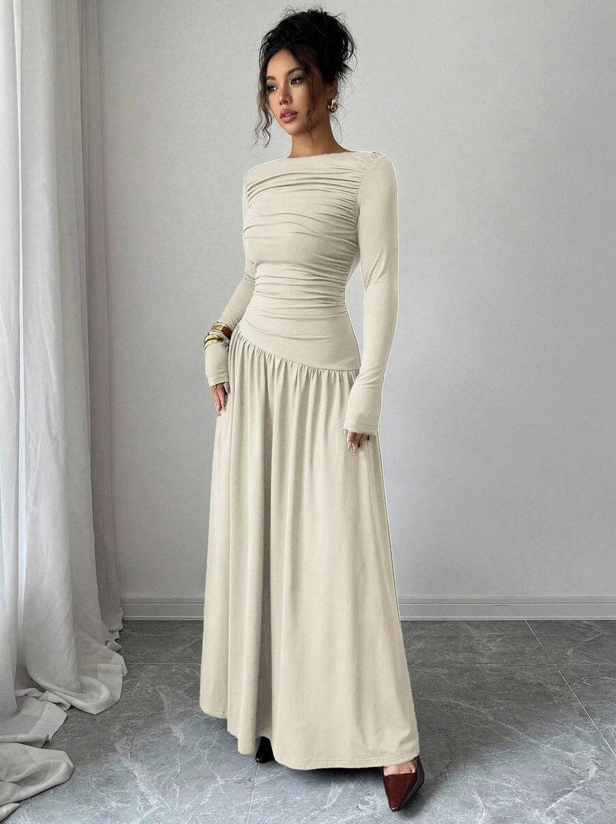 Long Sleeve Ruched Drop Waist Maxi Dress