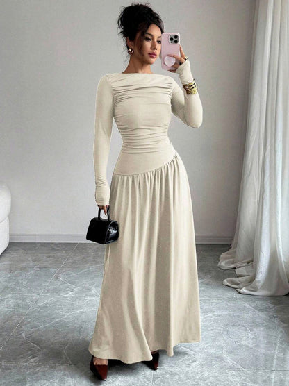 Long Sleeve Ruched Drop Waist Maxi Dress